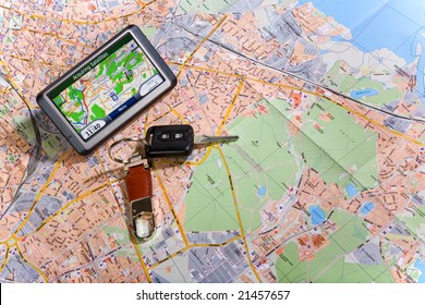 GPS navigation device displayed on a map for travel route planning.