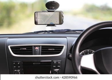 Gps Navigation Map On Phone In Traveling Car