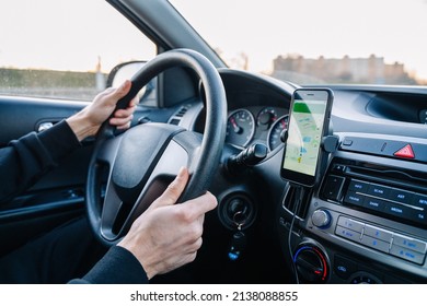 Gps navigation map system. Global positioning system on smartphone screen in auto car on travel road. GPS device satellite system technology