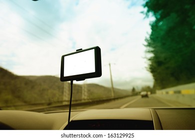 GPS Navigation System With Empty Screen On A Car Front Window