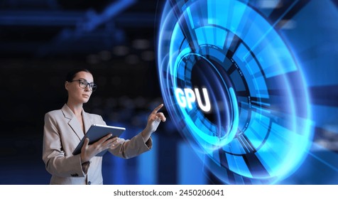 GPU Graphic processing unit of neural networks. Woman pressing virtual screen button.