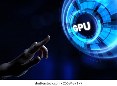 GPU Graphic processor unit. Hands pressing button virtual screen.