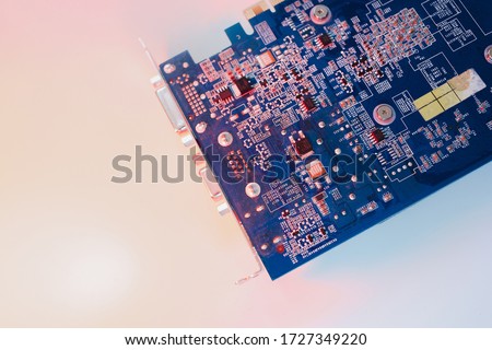 gpu Graphics Proccesing Unit white background on white background details macro blue red light chip