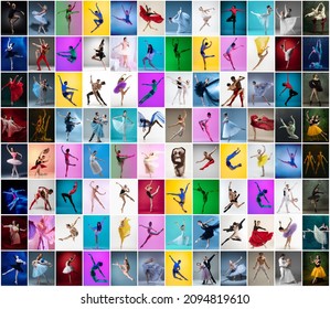 Grace. Art collage made of portraits of female and male ballet dancers in stage costumes dancing isolated on multicolored background in neon light. Concept of art, theater, beauty, aspiration