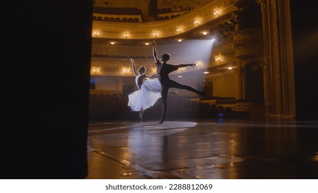 Graceful ballerina dances with partner in training suit and rehearses choreography moves on theater stage. Couple of ballet dancers practice before performance. Classical ballet art concept. Handheld. - Powered by Shutterstock