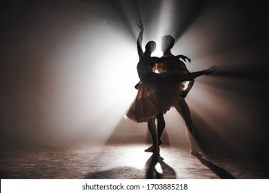 Graceful ballerina and her male partner dancing elements of classical or modern ballet in dark with floodlight backlight. Couple in smoke on black background. Art concept.