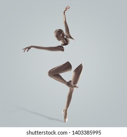 Graceful Ballet Dancer Or Classic Ballerina Dancing Isolated On Studio Background. Woman's Beautiful Dance. The Grace, Artist, Contemporary, Movement Concept. Abstract Design.