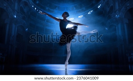 Graceful, beautiful talented young woman, professional ballet dancer in motion, performing on theater stage with spotlights. Concept of classical dance, art and grace, beauty, choreography