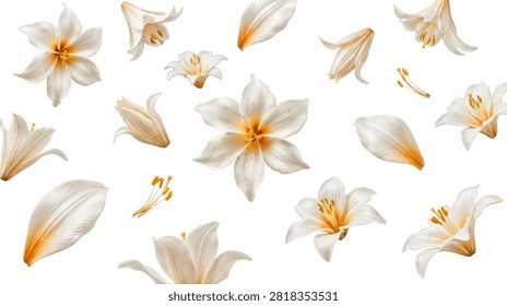 A graceful composition featuring pristine white lily flowers, buds, and scattered petals, evoking purity and serenity.