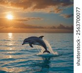 A graceful dolphin leaps from the sparkling ocean at sunset, its silhouette framed by golden-orange hues, casting ripples of light across the tranquil water beneath the fading glow of the horizon.



