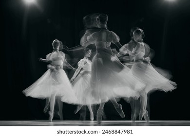 Graceful movements of four young dancers captured in ghostly blur, showcasing fluidity and beauty of ballet. Monochrome filter. Concept of beauty, classic and modernity, contemporary art. Ad - Powered by Shutterstock