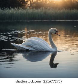 A graceful swan gliding across a calm lake at dawn, its white feathers glowing in the soft light, creating gentle ripples on the mirror-like water. - Powered by Shutterstock