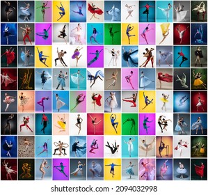 Graceful young men and women, ballet dancers in stage costumes dancing isolated on multicolored background in neon light. Actors in different theater images. Art, beauty, aspiration, creativity
