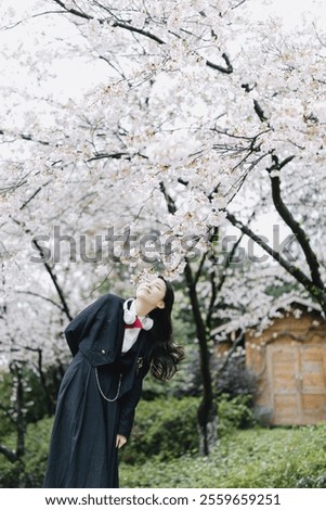 Similar – Image, Stock Photo Young woman enjoying cherry blossoms in springtime