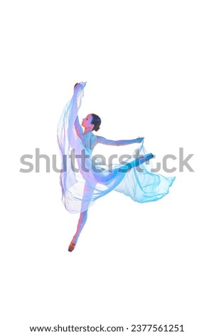 Graceful young woman, professional ballerina in motion, dancing with transparent fabric isolated on white background in neon light. Concept of beauty, classical dance, art, elegance, choreography