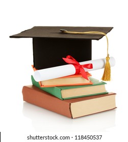 Grad Hat And Diploma With Books Isolated On White