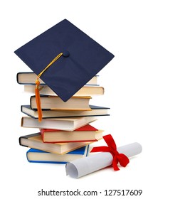 Grad Hat And Diploma With Books Isolated On White