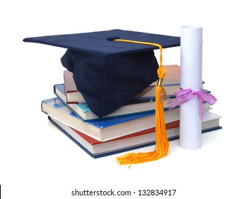 Grad Hat And Diploma With Books Isolated On White