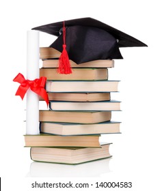 Grad Hat With Diploma And Books Isolated On White