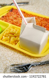 Grade School Lunch Tray With Pizza With Small Carton Of Milk Mac-n-cheese And Green Gelatin For Dessert