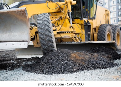 Grader Machine During Road Construction Works For Asphalt Paving