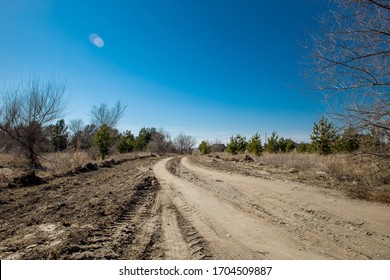 Grader rural road leading to the village. Dirt mud and dusty road through a field and trees against a clear blue sky, with tire tracks. Bad road for an SUV