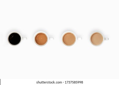 gradient coffee and milk isolated white background  four cups coffee  top view  morning concept 