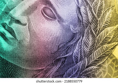 Gradient Colorful Brazilian Money Bill Showing A Beautiful Drawing Of A Face With Crosshatch Texture. This Picture Works As A Design Template, Background Or Wallpaper.