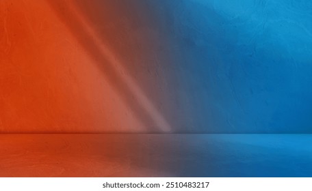 gradient red and blue background studio room with light beam from above for product display in battle, futuristic concept. floor and wall backdrop muslin design backdrop. concrete room backdrop.