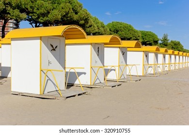 Grado, ITALY - 21 September 2015: Beach huts on the beach in Grado, Italy. Grado is a well-known holiday destination. 