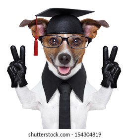 graduate dog with peace fingers and happy