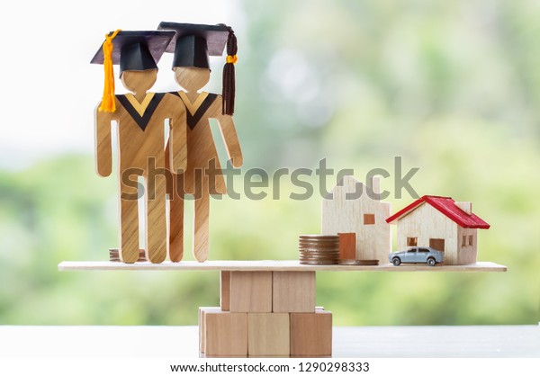 Graduate, Education learning study abroad\
international Ideas. People Graduation cap on wood blocks balance.\
Concept of Educate requires saving moneys and Successful will bring\
home cars in life\
needs