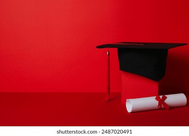 Graduate hat with diploma on red background. - Powered by Shutterstock