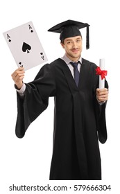 Graduate Student Holding An Ace Of Spades Card And A Diploma Isolated On White Background