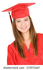 Graduate: Wearing Red Graduation Cap And Gown