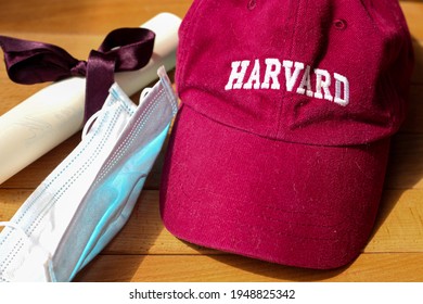 Graduation 2021, Diploma, Harvard Cap And Medical Mask. Horizontal Image