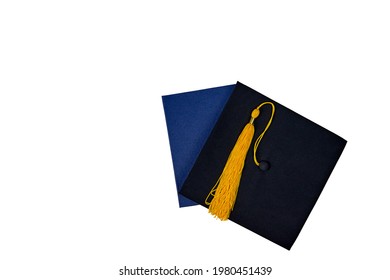 Graduation Cap And Diploma Isolated On White Background. Graduation Concept. Black Mortar Board Cap, Top View.