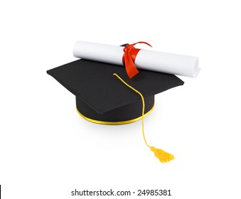 Graduation Cap Diploma Red Ribbon Isolated Stock Photo 24985381 ...