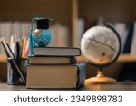 Graduation cap with Earth globe. Concept of global business study, abroad educational, Back to School. Education in Global world, Study abroad business in universities in worldwide. language study