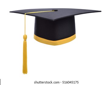 Graduation cap with gold tassel isolated on white background.