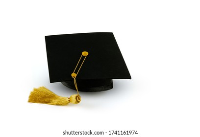 graduation cap with gold tassel  place on the white background