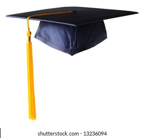 Graduation Cap With Golden Tassel, Isolated On White Background