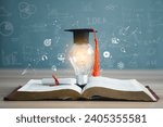 Graduation cap with a lightbulb on the book and icon learning in the classroom. Education learning concepts in school or university. Idea knowledge of innovative technology, science, and mathematics.