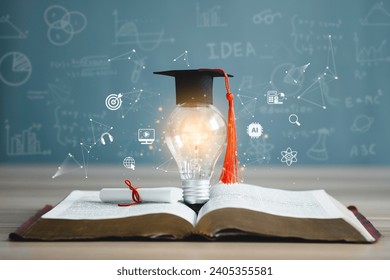Graduation cap with a lightbulb on the book and icon learning in the classroom. Education learning concepts in school or university. Idea knowledge of innovative technology, science, and mathematics.