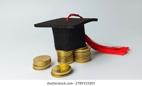 Graduation Cap on Stack of Gold Coins Representing Education Costs Student Loans Academic Investment and Funding Strategy. 