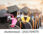 Graduation Ceremony with Students in Cap and Gown. Back view of graduates wearing caps and gowns during a commencement ceremony, symbolizing achievement and academic success.