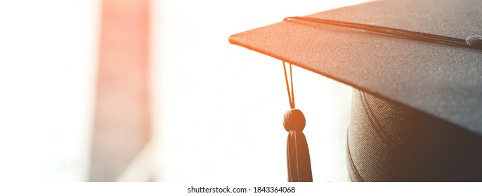 graduation, close up student hats in during commencement success graduates of the university, Concept education congratulation. copy space banner. - Shutterstock ID 1843364068