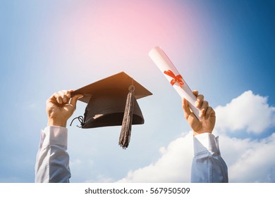 Graduation Day, Images Of Graduates Are Celebrating Graduation Put Hand Up, A Certificate And A Hat In Hand, Happiness Feeling, Commencement Day, Congratulation 