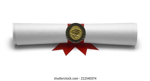 Graduation Degree Scroll With Medal Isolated On White Background.