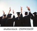 Graduation, diploma or back of students with degree at university for education, opportunity or success. Sky, scholarship or group of proud people with college certificate, hands up or achievement